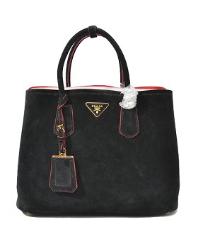 Prada Saffiano Cuir Double Bag in Black Original SuedeRed Lambskin Leather