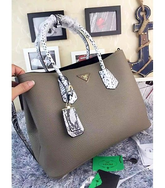 Prada Saffiano Cuir Snake Veins With Grey Cow Leather Tote Bag