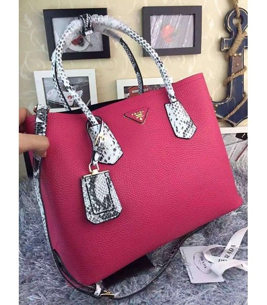 Prada Saffiano Cuir Snake Veins With Rose Red Cow Leather Tote Bag