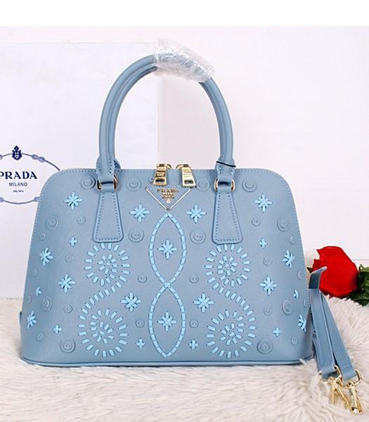 Prada Saffiano Embroidered Top Handle Bag Light Blue Leather