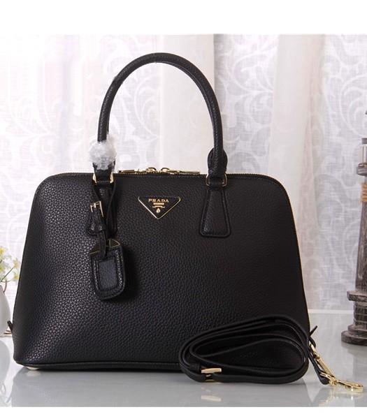 Prada Saffiano Litchi Veins Leather Top Handle Bag Black