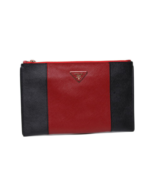Prada Saffiano Red/Black Cross Veins Leather Clutch