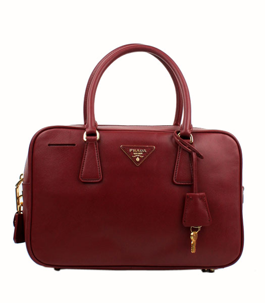 Prada Saffiano Wine Red Calfskin Leather Top Handle Zip Bag