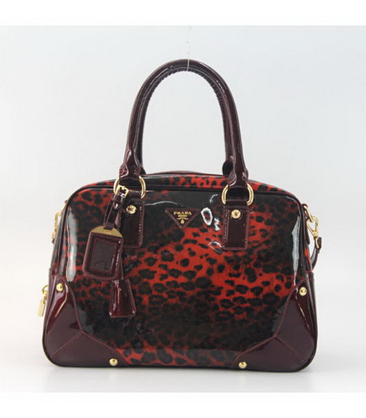 Prada Satchel Red Leopard Patent Leather Bag