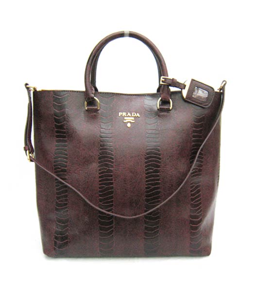 Prada Shopper PM Bag Snake Skin Print Leather Red_Coffee