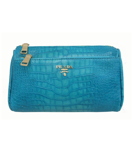 Prada Sky Blue Croc Veins Clucth Cosmetic Bag