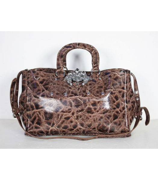 Prada Spazzolato Shopping Tote Handbag Dark Coffee Snake Pattern