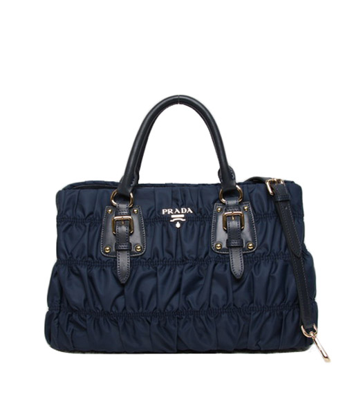 Prada Tessuto Gaufre Fabric with Dark Blue Lambskin Leather Tote Bag