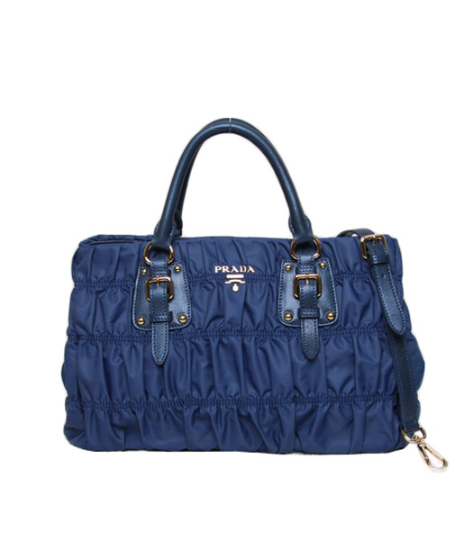Prada Tessuto Gaufre Fabric with Middle Blue Lambskin Leather Tote Bag