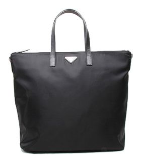 Prada Tessuto Nylon With Black Leather Shopping Tote Bag