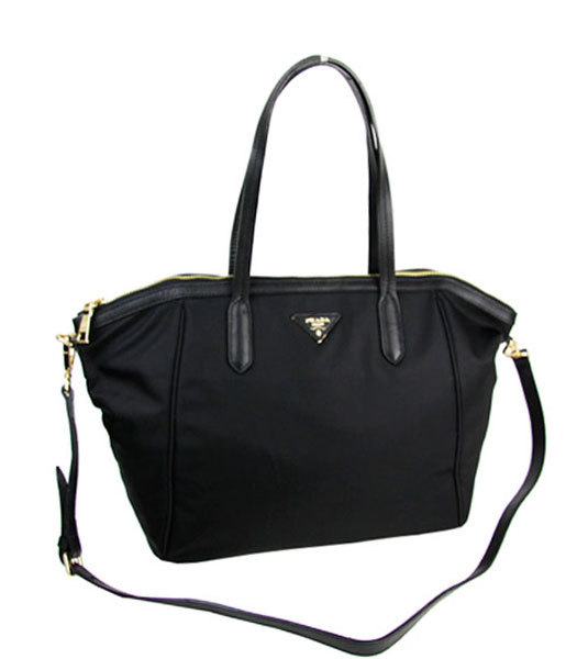 Prada Tessuto Saffian Black Nylon With Calfskin Leather Shopping Bag