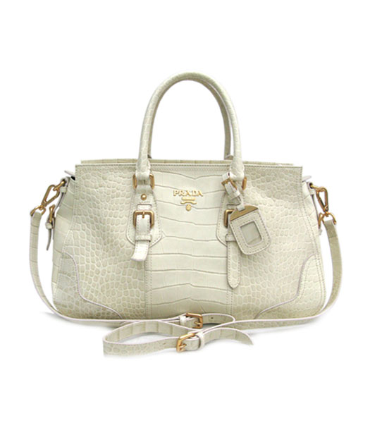 Prada Tessuto Saffiano Bowler Handbag Offwhite Croc Veins_BN1181