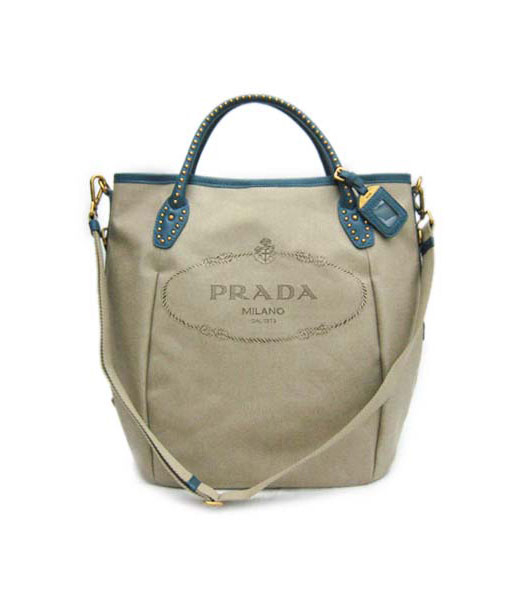 Prada Tote Bag Apricot Canvas with Blue Leather_BR4426