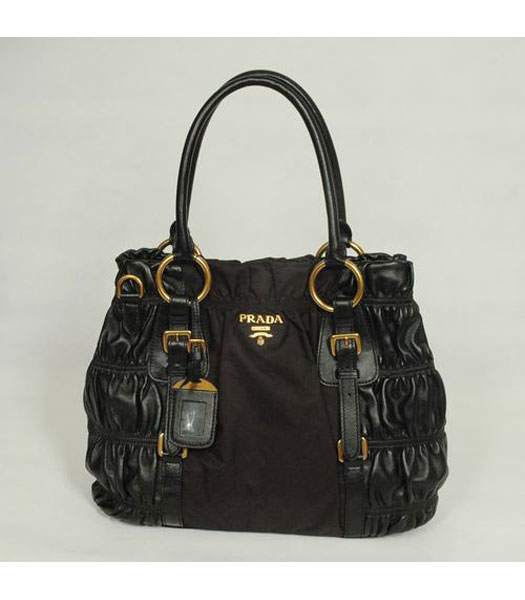 Prada Tote Bag Coffee Fabric with Black Leather
