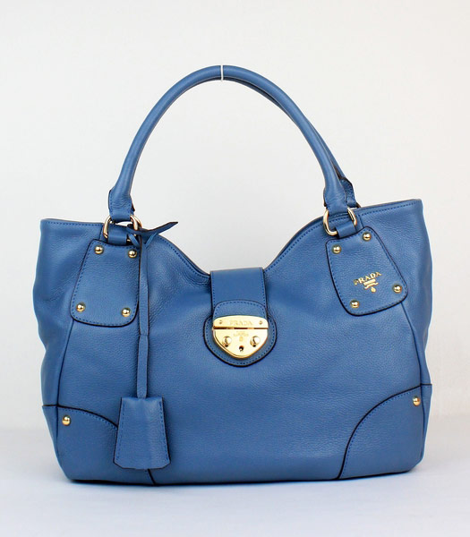 Prada Vitello Calfskin Tote Bag in Light Blue Calf Leather