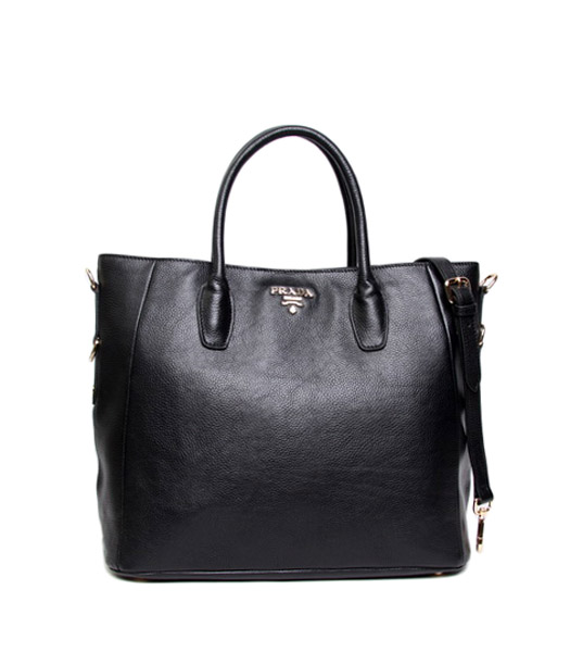 Prada Vitello Daino Black Leather Shopping Tote Bag