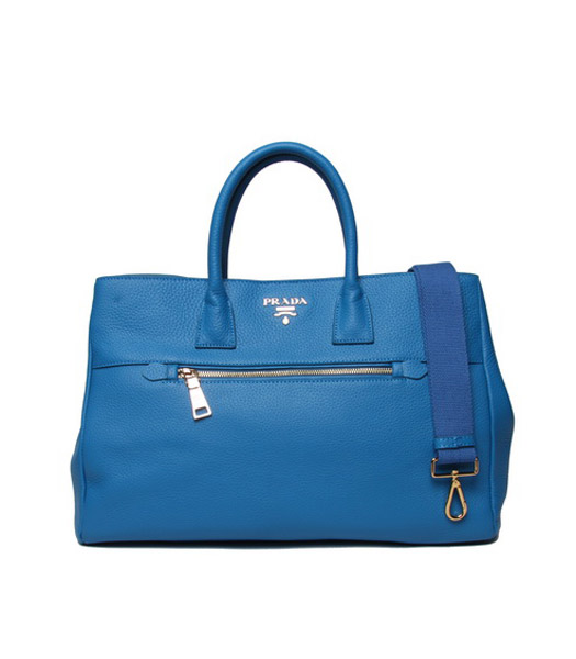 Prada Vitello Daino Blue Leather Large Tote Bag