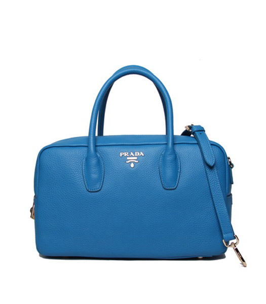 Prada Vitello Daino Blue Leather Square Tote Bag