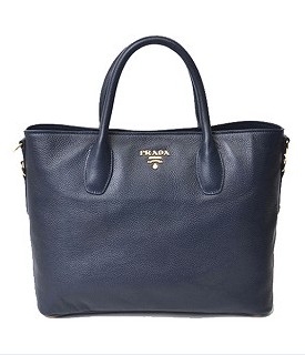 Prada Vitello Daino Dark Blue Original Leather Shopping Tote Bag -1