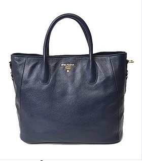 Prada Vitello Daino Dark Blue Original Leather Shopping Tote Bag