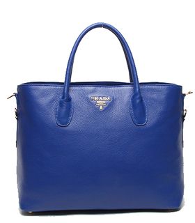 Prada Vitello Daino Electric Blue Original Leather Shopping Tote Bag