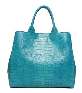 Prada Vitello Daino Light Blue Croc Veins Leather Tote Bag