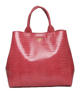 Prada Vitello Daino Pink Croc Veins Leather Tote Bag