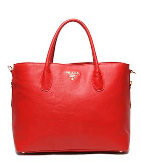 Prada Vitello Daino Red Original Leather Shopping Tote Bag