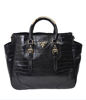 Prada Vitello Daino Tote Bag Black Croc Viens Orininal Leather
