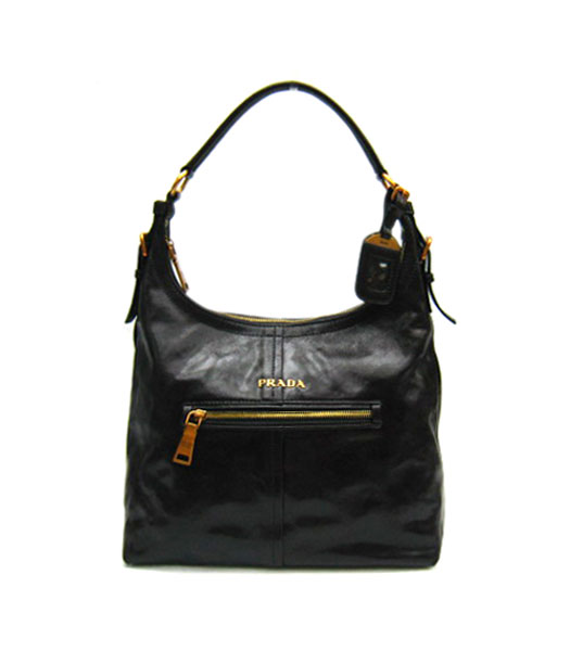 Prada Vitello Shine Leather Hobo Bag in Black_BR4315