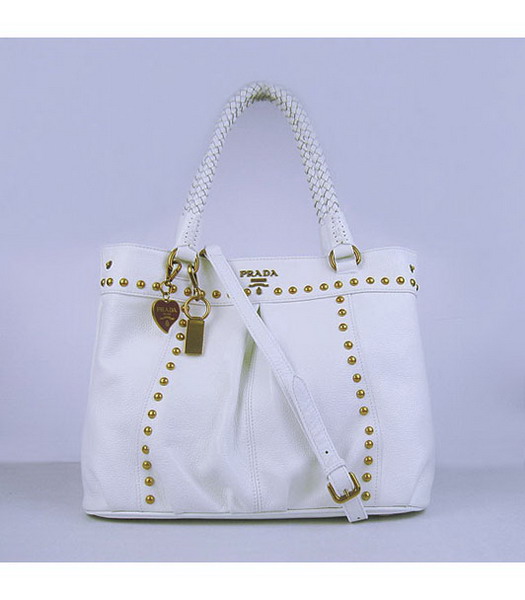 Prada White Leather Handbags Braided Handles Studs