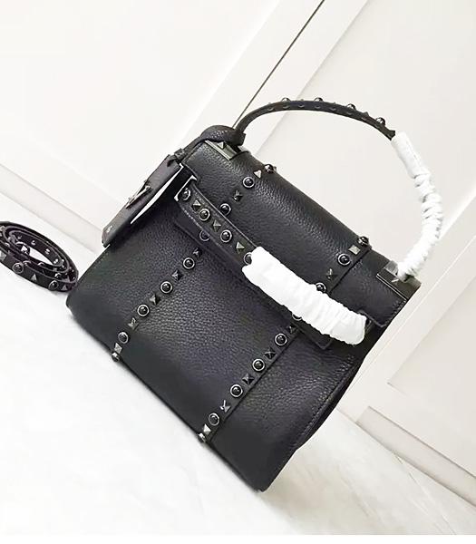 Valentino Black Litchi Veins Leather Rivets Decorative Tote Bag