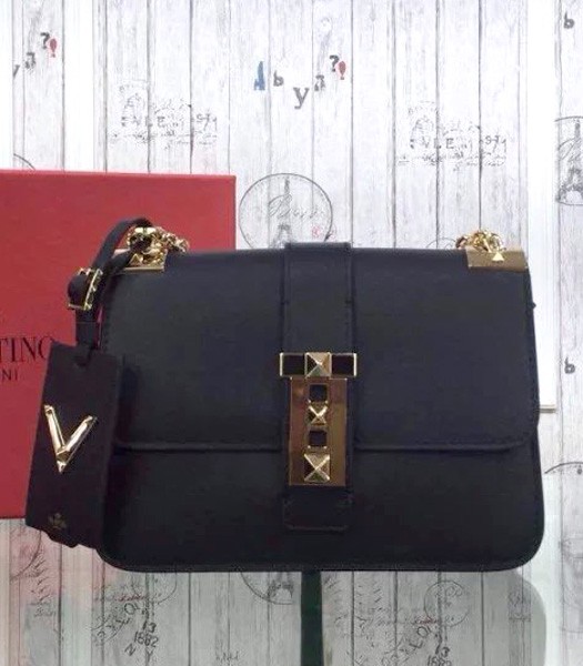 Valentino Black Original Leather Chain Shoulder Bag Golden Metal