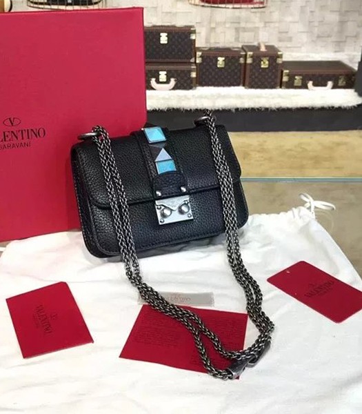Valentino BOX 17cm Turquoise Black Calfskin Leather Shoulder Bag Silver Chain