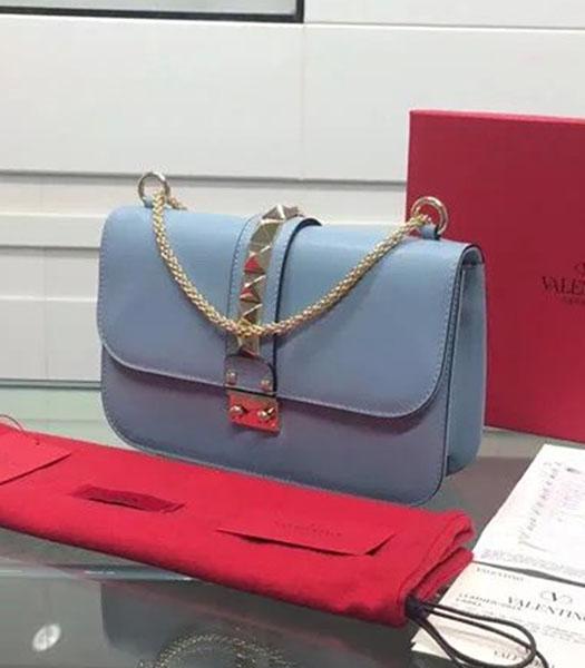 Valentino BOX Shoulder Bag Light Blue Original Leather Golden Chain
