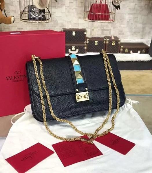 Valentino BOX Turquoise Shoulder Bag Black Calfskin Leather Golden Chain