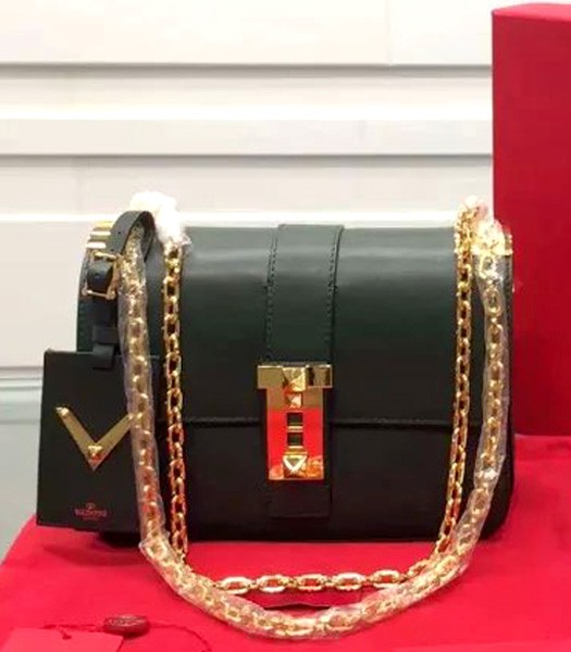 Valentino Chain Shoulder Bag Dark Green Original Leather Golden Chain