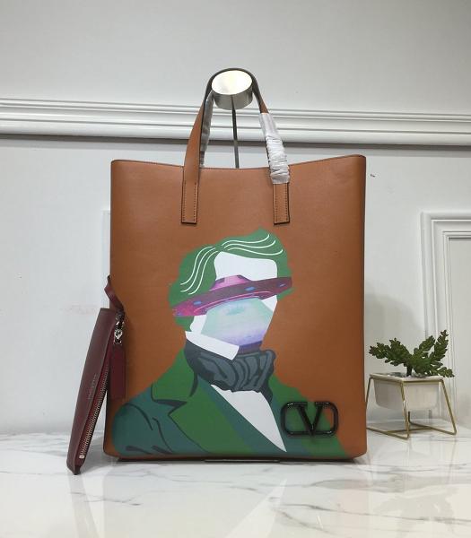 Valentino Garavani Garavani N/S Vring Drawing Brown Calfskin Leather Shopping Bag