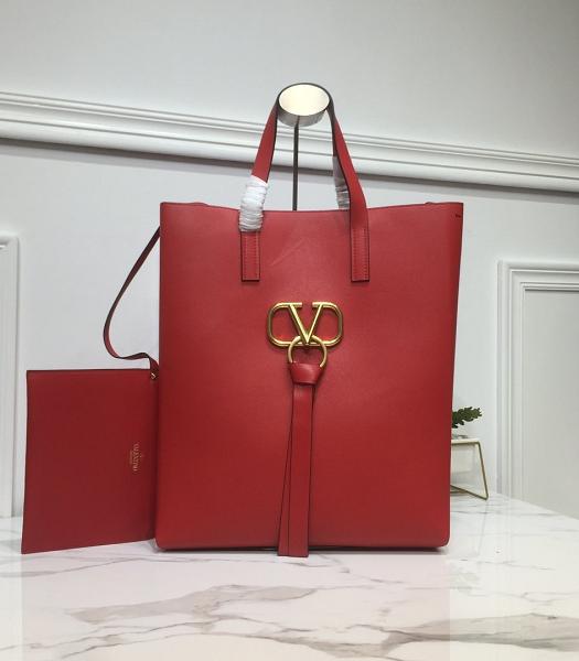 Valentino Garavani Garavani N/S Vring Golden Buckle Red Calfskin Leather Shopping Bag