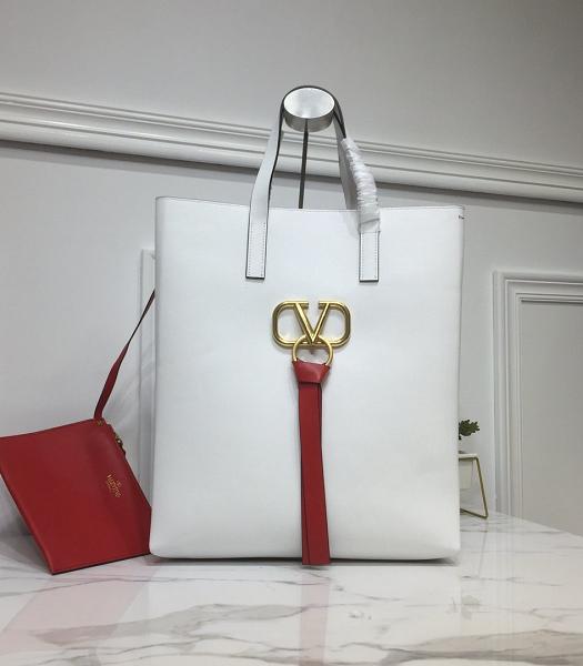 Valentino Garavani Garavani N/S Vring Golden Buckle White Calfskin Leather Shopping Bag