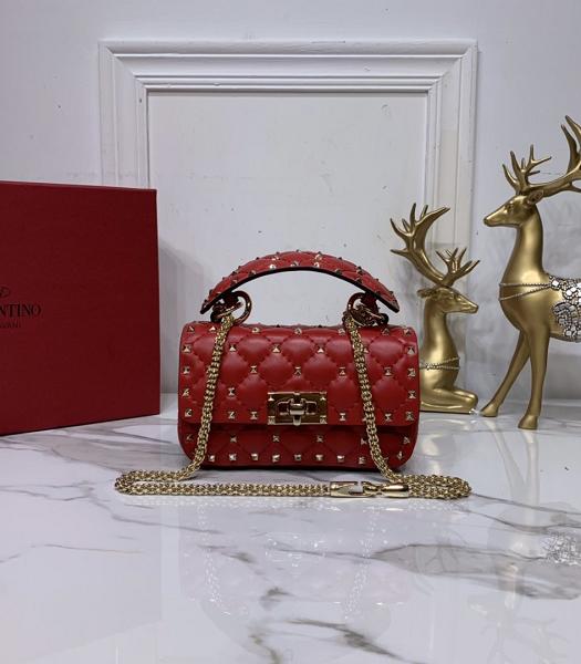 Valentino Garavani Rockstud Spike Red Soft Wrinkle Veins Lambskin 17cm Top Handle Chain Bag