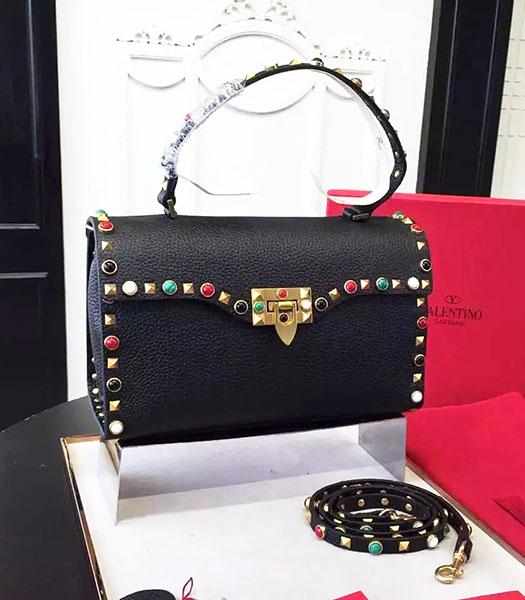 Valentino Golden Rivets Colorful Jewels Calfskin Leather Tote Bag Black