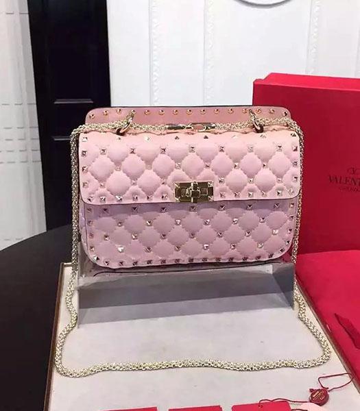 Valentino Golden Rivets Sheepskin Leather 24cm Shoulder Bag Pink