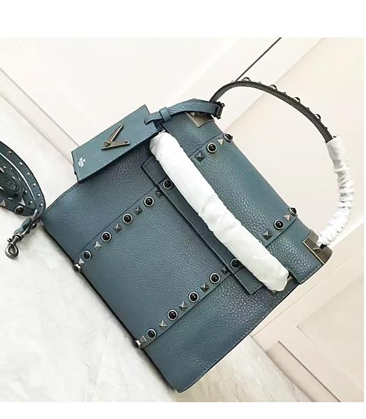 Valentino Light Blue Litchi Veins Leather Rivets Decorative Tote Bag