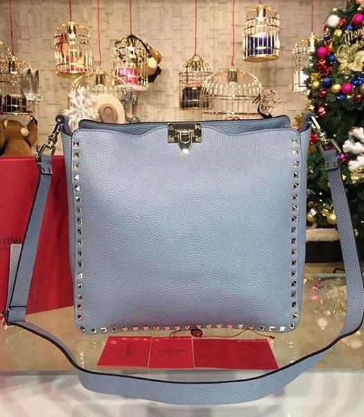 Valentino Litchi Veins Calfski Leather Golden Nail Messenger Bag Light Blue