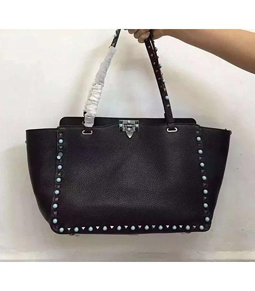 Valentino Medium Rockstud Turquoise Tote Bag Black Calfskin Leather