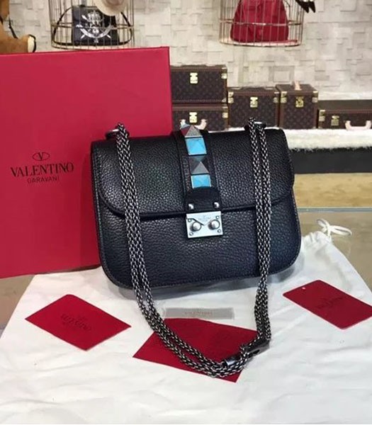 Valentino Noir Mini Turquoise Shoulder Bag Black Calfskin Leather Silver Chain