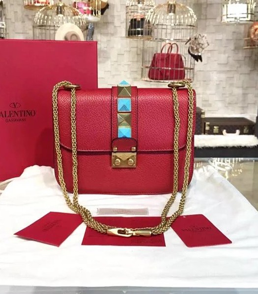 Valentino Noir Mini Turquoise Shoulder Bag Red Calfskin Leather Golden Chain