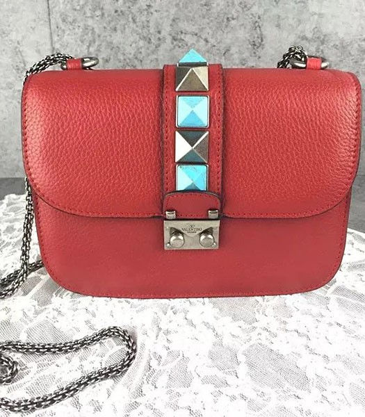 Valentino Noir Mini Turquoise Shoulder Bag Red Calfskin Leather Silver Chain