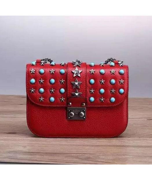 Valentino Noir Mini Turquoise Stars Shoulder Bag Red Calfskin Leather